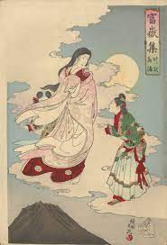 This image shows Kaguya Hime as she is ascending back up towards the kingdom of the moon. Kaguya-Hime wears a pink kimono as she is speaking with a man presumably the bamboo cutter, her father who wears a green kimono with a white skirt. He seems to be pleading with her.