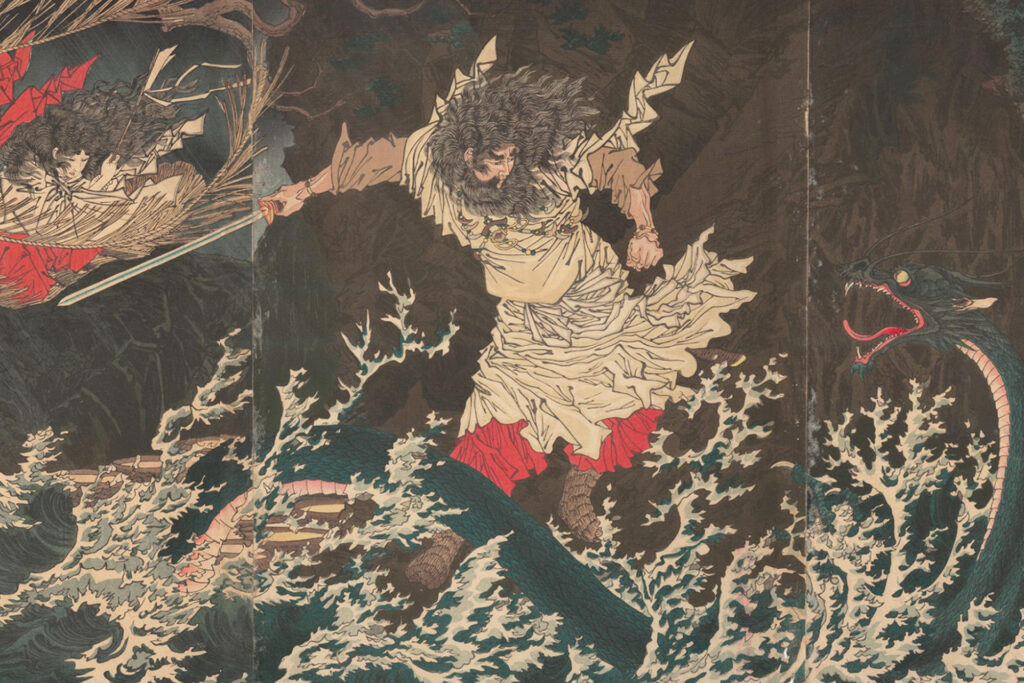 A painting of the storm god susanoo. He is wearing a ragged white shirt with red paints. His hair and beard are long. He is wielding a sword and fighting a large green serpent in the ocean.