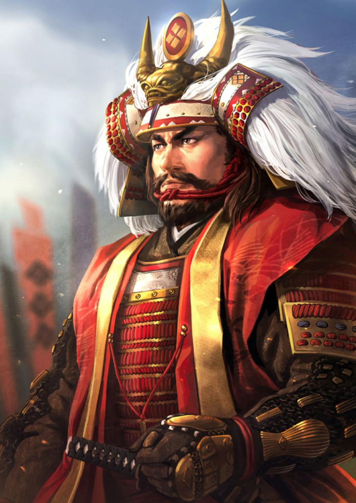Pictured here is an artist's rendition of Takeda Shingen. He is wearing a red kimono with a large white headpiece. Adorned on said headpiece his a bull with the Takeda clan symbol embedded within